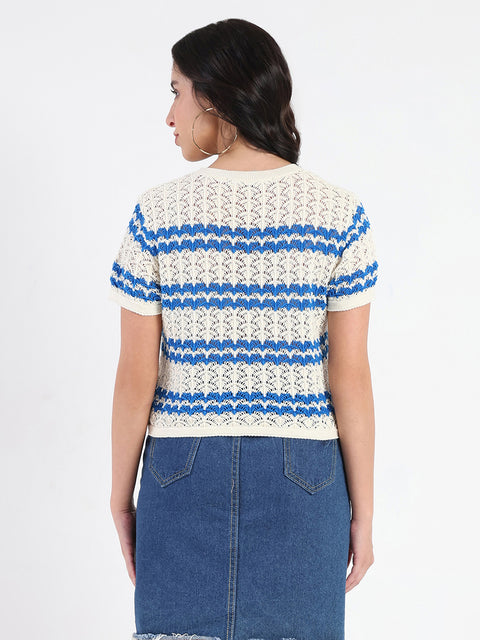 Madame Striped Crocheted Beige Cotton Crop Top