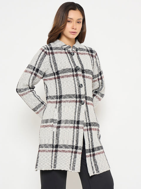 Madame Plaid Print Grey Long Cardigan