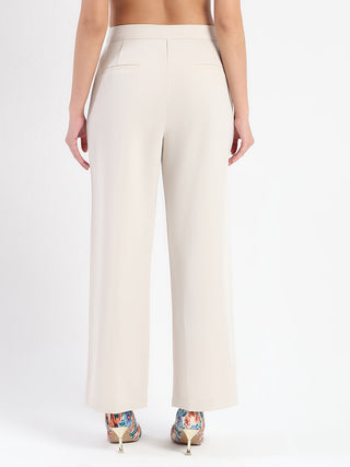 Madame Pleat Detailed Solid Beige Straight Trousers