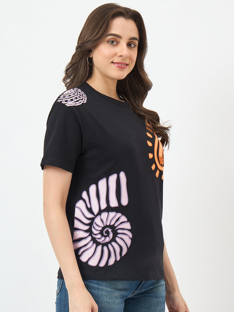 Madame Black Cotton Slim-Fit Half-Sleeve T-Shirt