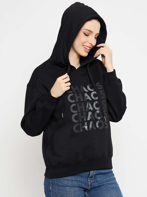 Madame Typograpy Print Hooded Cotton Blend Black Sweatshirt