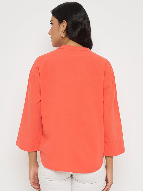 Madame Button Detail Solid Coral Cotton Top