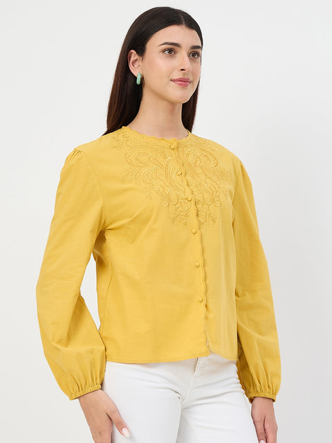 Madame Amber Haze Embroidered Puff-Sleeve Cotton Top