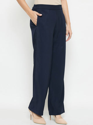 Madame Solid Straight Fit Navy Blue Trousers