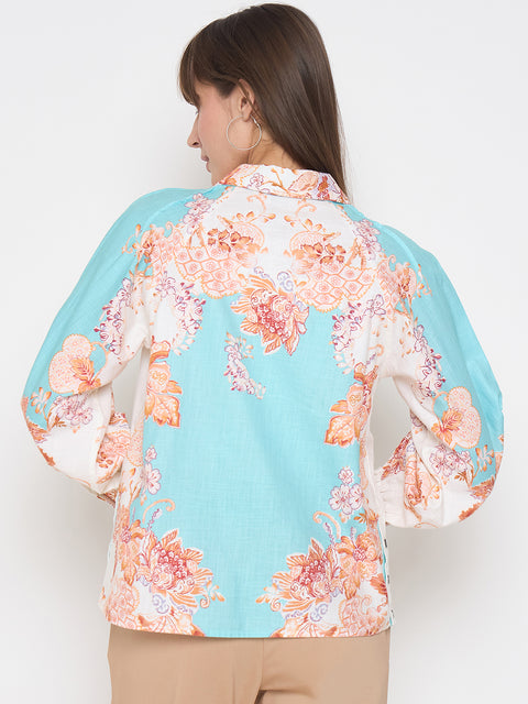 Madame Floral Print Colorblock Blue Shirt