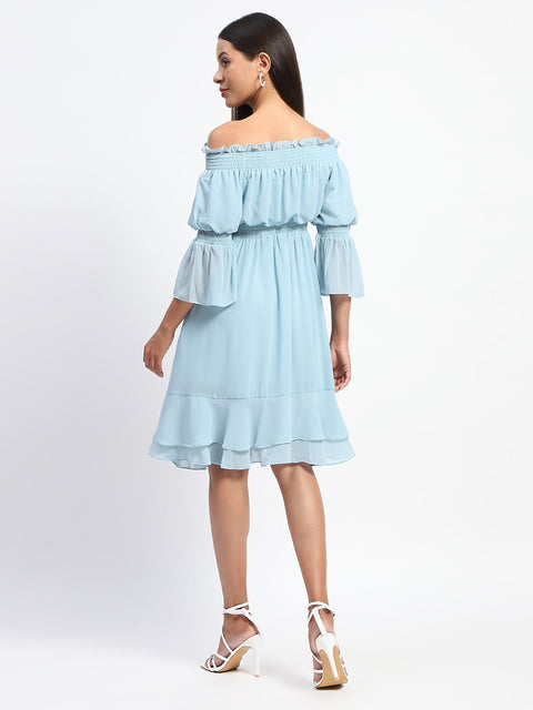 Madame Off Shoulder Cinched Waist Aqua Blue Midi Dress
