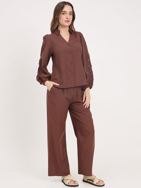 Madame Brown Cotton Rayon V-Neck Bishop Sleeve Co-ord Set