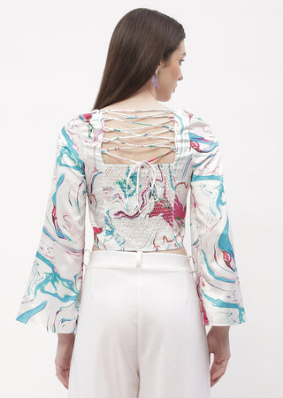 Madame Abstract Print Off-White Bell Sleeve Crop Top