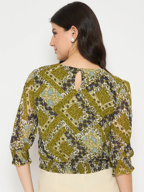 Madame Geometric Print Cinch Waist Green Top