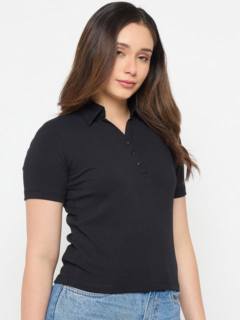 Madame Black Solid Polo T-Shirt