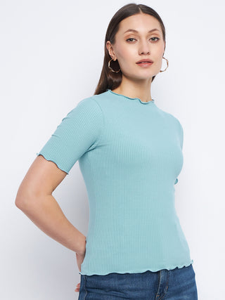 Madame Solid Aqua Blue Lettuce Hem Top