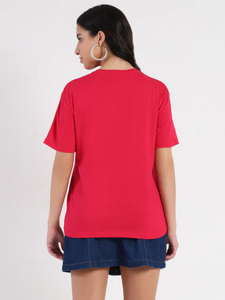 Madame Embroidered Round Neck Red Cotton Lycra T-shirt