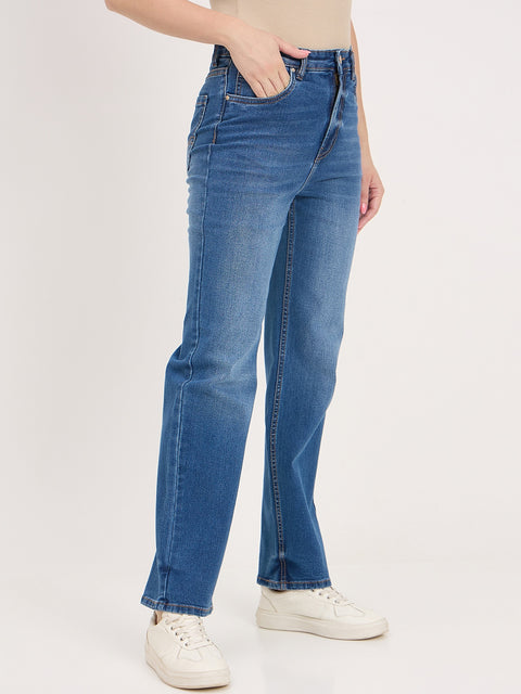 Madame Mid Blue Cotton Straight Fit Double Wash Jeans