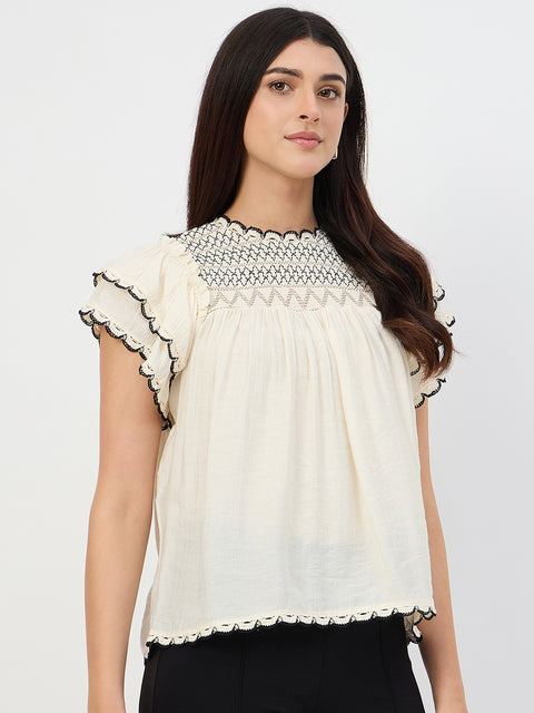 Madame Off-White Scallop-Trim Viscose Gather Top