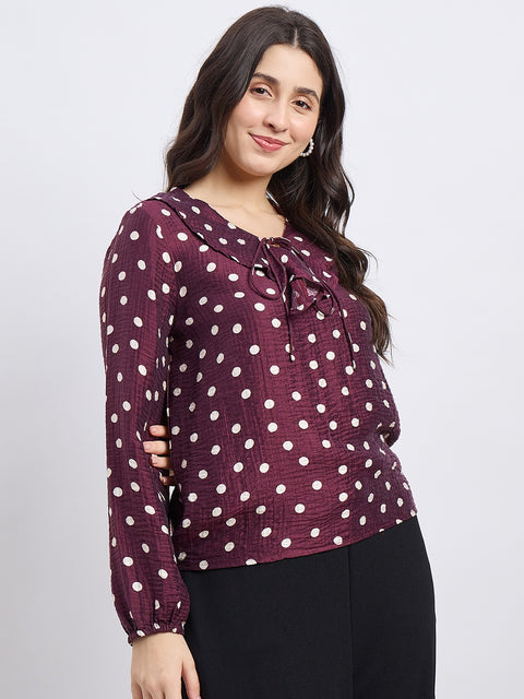 Madame Wine Polka Dot Print Ruffle Collar Top