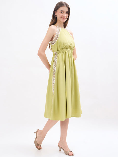 Madame Embroidery Trim Cinched Flare Viscose Dress