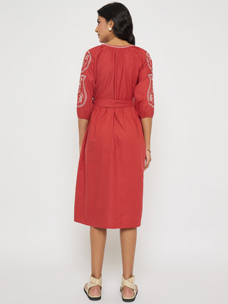 Madame Embroidered Belted A Line Midi Coral Dress