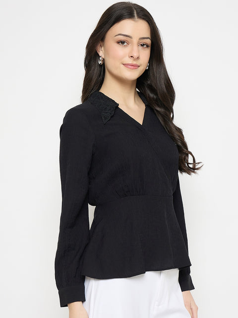 Madame Black Rayon Blend Peplum Shirt Top