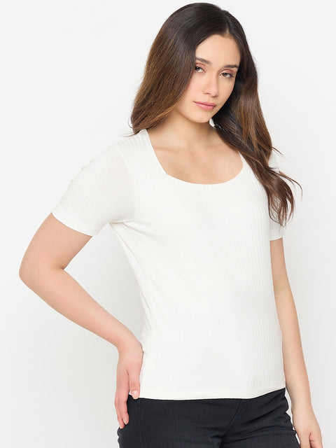 Madame White Rayon Blend Solid T-shirt