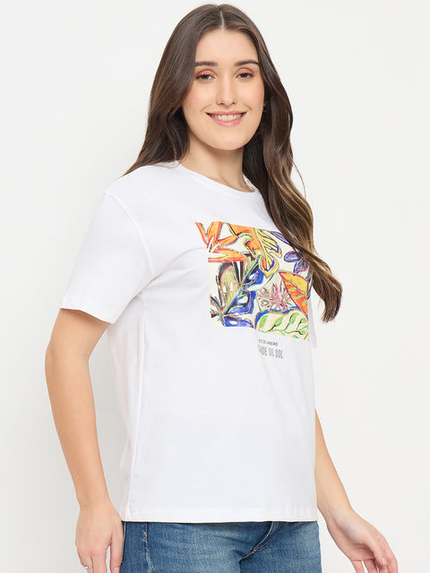 Madame White Graphic Print Cotton Round Neck T-Shirt