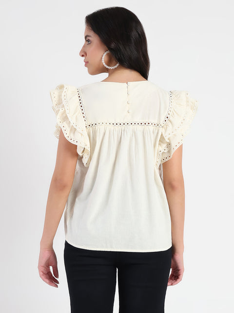 Madame Lace Inserted Off White Cotton Top