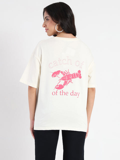 Madame Graphic Print Half Sleeve Off White Cotton T-shirt