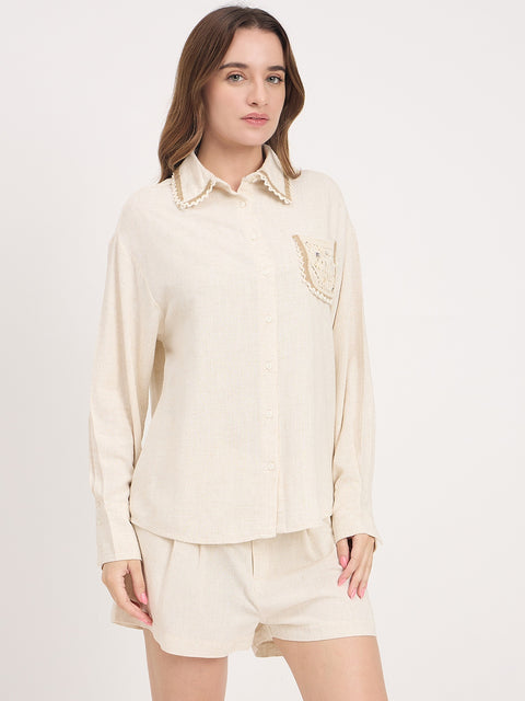 Madame Off White Embroidery Patch Rayon Linen Full Sleeve Shirt