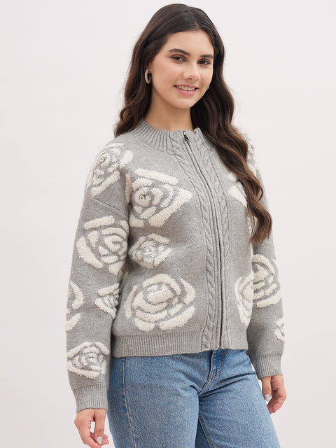 Madame Floral Design Printed Grey Sweater