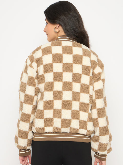 Madame Chequered Zipped Brown Bomber Jacket