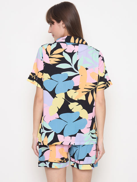 mSECRET Botanical Print Top and Shorts Black Night Suit