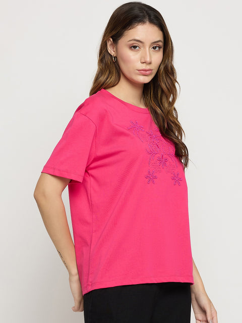 Madame Hot Pink Embroidered Cotton Round Neck T-Shirt