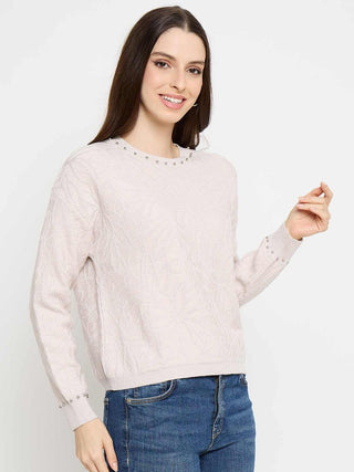 Madame Pearl Embellished Floral Embroidered Pink Sweater