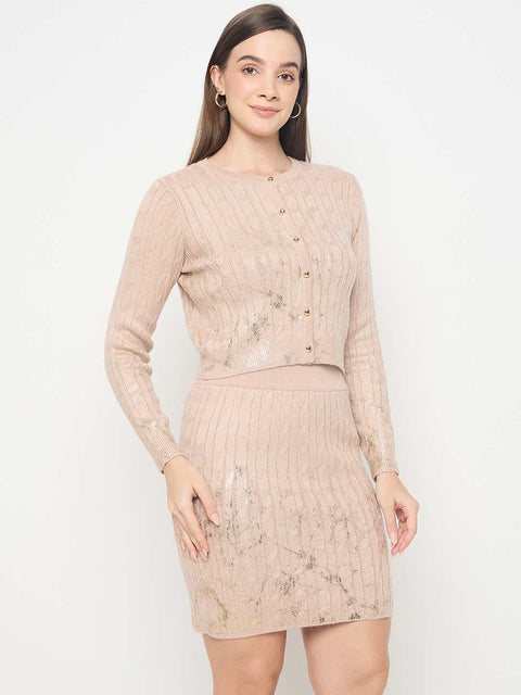 Madame Buttoned Top and Mini Skirt Peach Co-ord Set