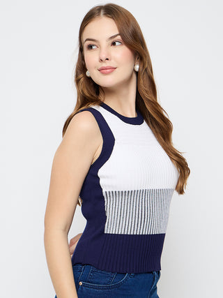 Madame Colourblock Sleeveless Navy Blue Knitted Top