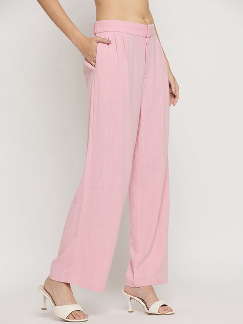 Madame Pink Rayon Linen Relaxed Fit Full Length Trousers