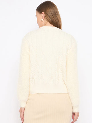 Madame Cable Knit Full Sleeve Off White Sweater