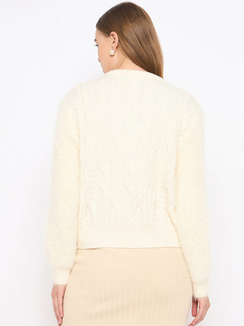 Madame Cable Knit Full Sleeve Off White Sweater