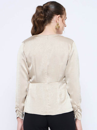 Madame Wrap Detailed V neck Full Sleeve Beige Peplum Top