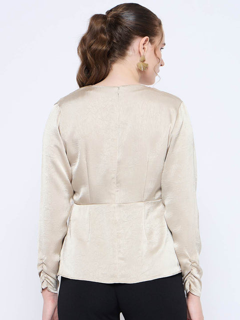 Madame Wrap Detailed V neck Full Sleeve Beige Peplum Top
