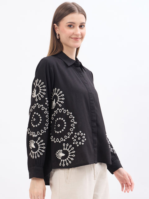 Madame Black Embroidered Viscose Blend Shirt