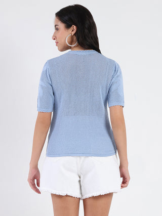 Madame Semi Sheer Botanical Pattern Sky Blue Knit Top