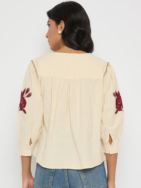 Madame Floral Embroidered Tie Neck Beige Top