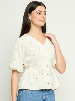 Madame Printed V Neck Green Top
