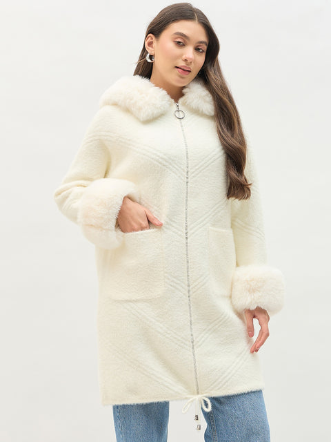Madame Faux Fur Detailing Off White Long Shrug