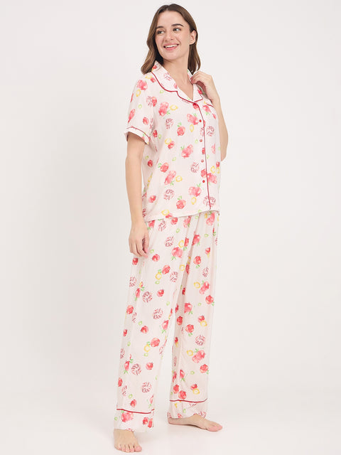 mSECRET Orange Printed Rayon Spread Collar Short Sleeve Night Suit