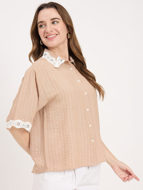 Madame Brown Textured Linen Blend Half Sleeve Shirt
