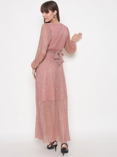 Madame Pliss Self Design Belted Rose Gold Flared Maxi Dress