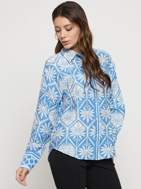 Madame Blue Printed Rayon Full Sleeve Shirt