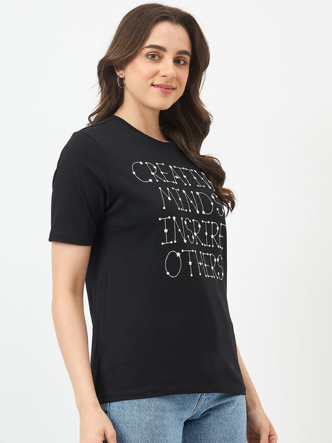 Madame Black Printed Cotton Half-Sleeve T-Shirt