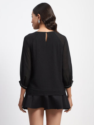 Madame Embellished Puffed Sleeve Black Top